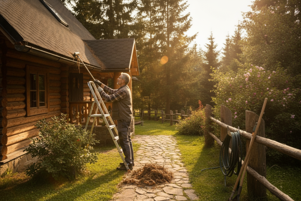 Man cleans gutters on a cottage using a ladder in a sunny garden setting surrounded by trees and flowers